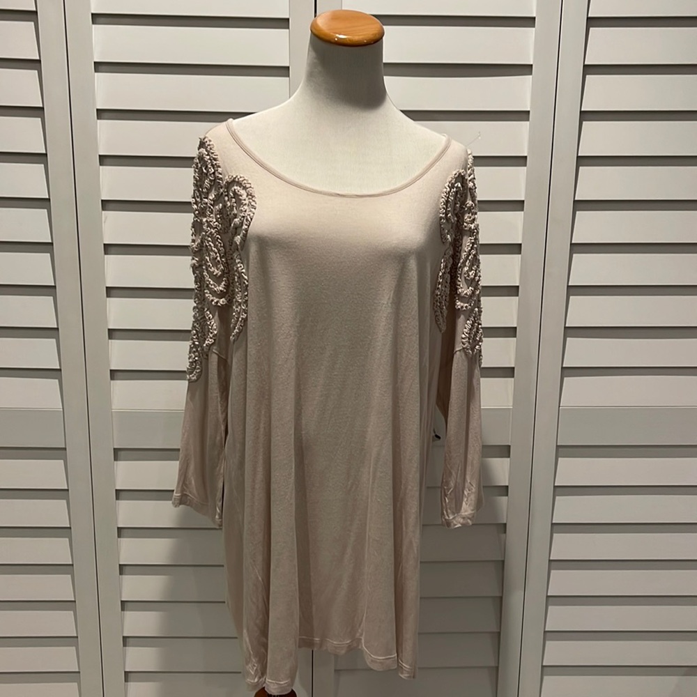 Vivienne Tam Top with Shoulder derail in a Nude color, Tunic Style.